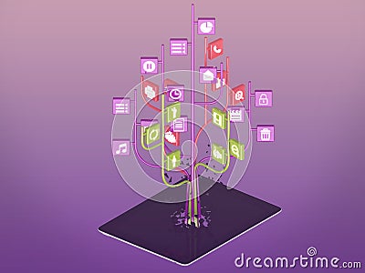 Social media icons set in tree shape on Modern black tablet pc Stock Photo