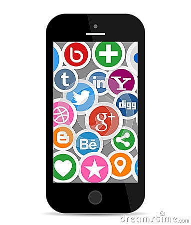 Social Media Icons on Smart Phone Screen Vector Illustration