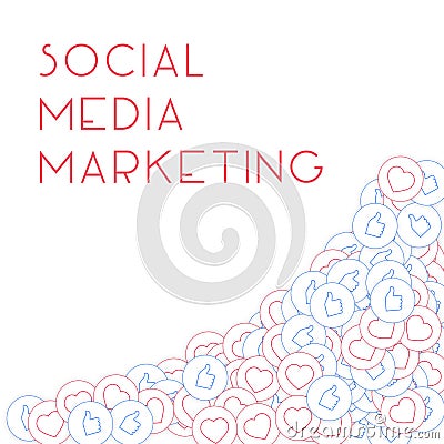 Social media icons. Social media marketing concept. Falling scattered thumbs up hearts. Bottom right Vector Illustration