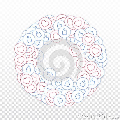 Social media icons. Social media marketing concept. Falling scattered thumbs up hearts. Round frame Vector Illustration