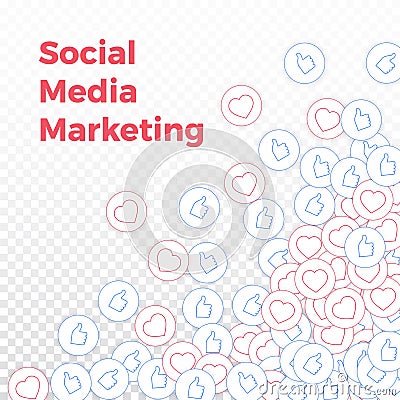 Social media icons. Social media marketing concept. Falling scattered thumbs up hearts. Scattered bo Vector Illustration
