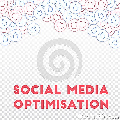 Social media icons. Social media optimisation concept. Falling scattered thumbs up hearts. Mind-blow Vector Illustration