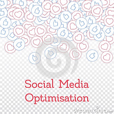 Social media icons. Social media optimisation concept. Falling scattered thumbs up hearts. Scatter t Vector Illustration