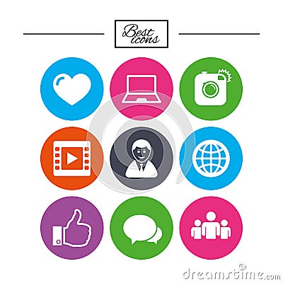 Social media icons. Video, share and chat signs. Vector Illustration