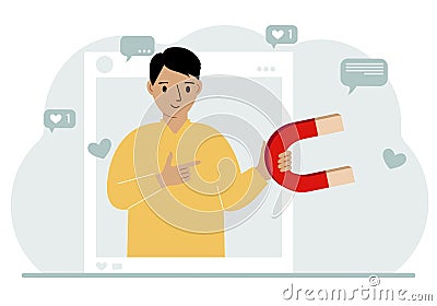 Social media influencer. A man holds a magnet in a social profile frame. Various icons. Vector Illustration