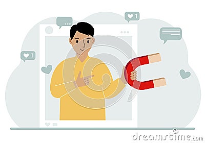 Social media influencer. A man holds a magnet in a social profile frame. Various icons. Cartoon Illustration