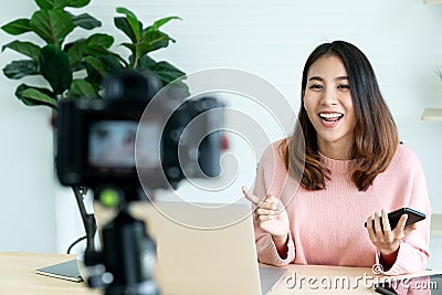 Social media influencer people or content maker concept in relax casual style at home. Stock Photo