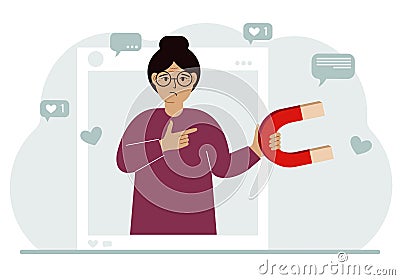 Social media influencer. A woman holds a magnet in a social profile frame. Various icons. Cartoon Illustration