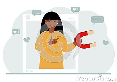 Social media influencer. A woman holds a magnet in a social profile frame. Various icons. Vector Illustration