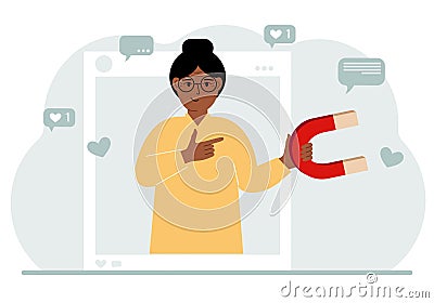 Social media influencer. A woman holds a magnet in a social profile frame. Various icons. Vector Illustration