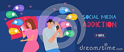 Social media internet gadget addiction couple man and woman lying in bed at night using smartphones Vector Illustration