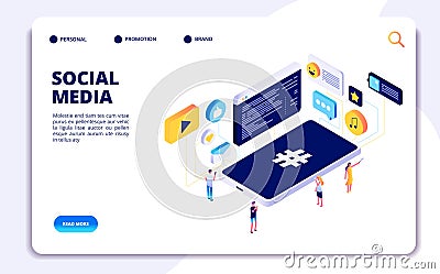 Social media isometric concept. People follow share content with phones, online dating. Cellphone addiction vector Vector Illustration