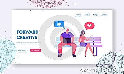 Social Media L Networking Website Landing Page, Man and Woman Sitting on Bench with Laptop and Smartphone in Hands Communicating Vector Illustration