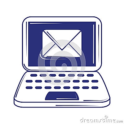 Social media laptop and email blue line fill style Vector Illustration