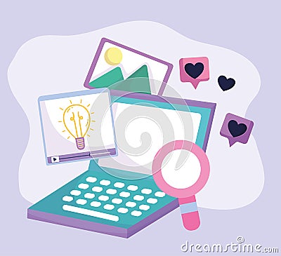 Social media laptop searching picture creativity love bubbles Vector Illustration
