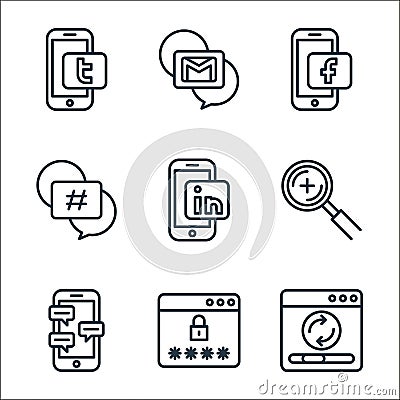 social media line icons. linear set. quality vector line set such as refresh, password, chat, search, linkedin, hashtags, facebook Vector Illustration