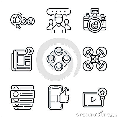 Social media line icons. linear set. quality vector line set such as video player, smartphone, comments, drone, network, news, Vector Illustration