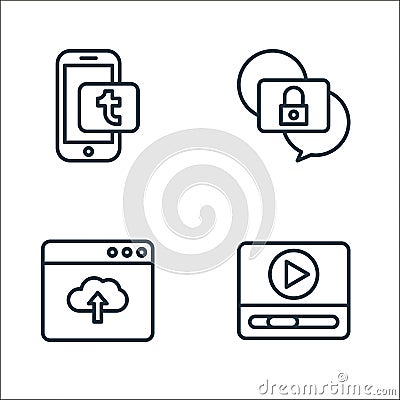 social media line icons. linear set. quality vector line set such as video, upload, lock Vector Illustration