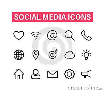 Social media linear icons set. Icons for business, banking, contact, social media, technology, seo. Line web and mobile Vector Illustration