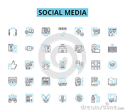social media linear icons set. Innovation, Sharing, Virality, Nerking, Connection, Community, Engagement line vector and Vector Illustration