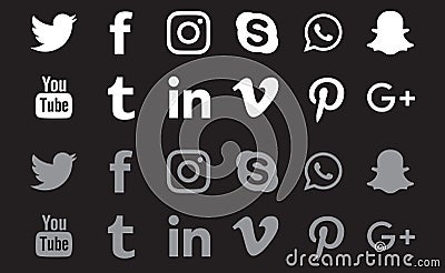 Flat social media icons on black background. twitter Facebook Instagram skype WhatsApp snapchat YouTube tumblr vimeo Pinterest etc Editorial Stock Photo