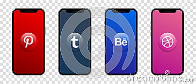 Social media Logo 3D Round Glossy Icons Set On Iphone Screen. Vector Illustration