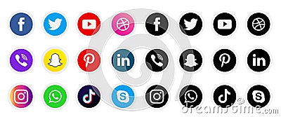 Colorful & black & white shading Social media icons set of facebook twitter instagram pinterest whatsapp Vector Illustration