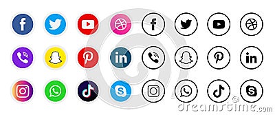 Colorful & black & white shading Social media icons set of facebook twitter instagram pinterest whatsapp Vector Illustration