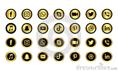 Gold & black social media icons set Vector Illustration