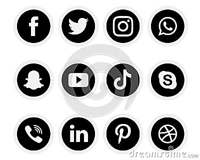 Black & white Social media logo set of facebook twitter instagram pinterest whatsapp dribble you-tube linked in and snap-chat Vector Illustration