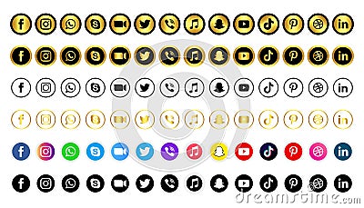 Gold & Coloured social media icons set for UI design Vector Illustration