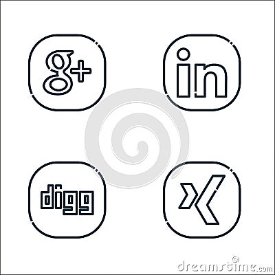 social media logos line icons. linear set. quality vector line set such as xing, digg, linkedin Vector Illustration