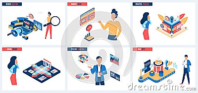 Social media marketing campaign, global process of website design set and tiny people Vector Illustration