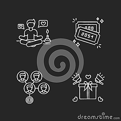 Social media marketing chalk white icons set on black background. Lifestyle guru. Raffle tickets with numbers. Mass Vector Illustration