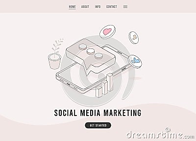 Social media marketing concept. SMM e-marketing and digital promotion. Flat design vector e-commerce landing page Vector Illustration