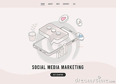 Social media marketing concept. SMM e-marketing and digital promotion. Flat design vector e-commerce landing page template Cartoon Illustration