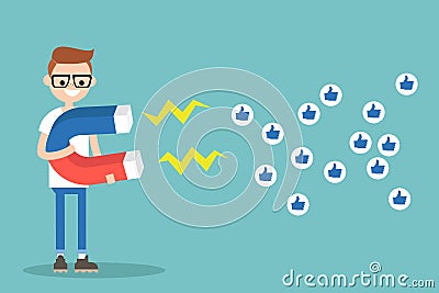 Social media marketing concept. Young nerd attracting likes with Cartoon Illustration