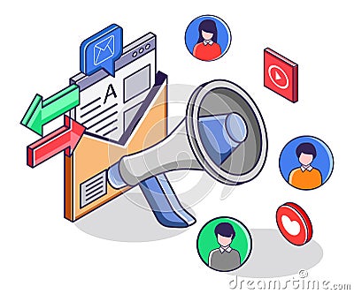 Social media marketing email promotion with megaphone Cartoon Illustration