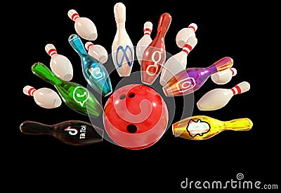 Social media marketing facebook meta twitter whats up tik tok insta instagram snap chat bowling pins - 3d rendering Editorial Stock Photo