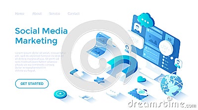 Social media marketing SMM. Marketing and communication strategy. Promotion through social networks. Magnet attracts emoticons. Vector Illustration