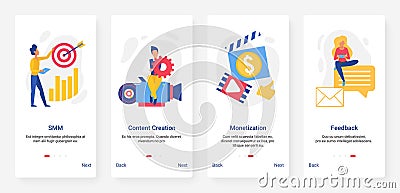 Social media marketing, smm target, creative content mobile app screen set Vector Illustration