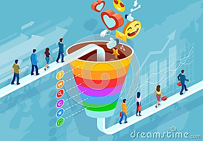 Social media marketing and target audience concept. Isometric funnel infographic of a customer retention Stock Photo