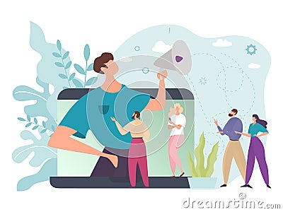 Social media marketing vector illustration, cartoon flat tiny people in online blog campaign, leader character in Vector Illustration