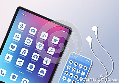 Social media mobile application icons creative ui colorful screen top angle view desktop tablet smartphone earphones Vector Illustration