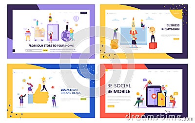 Social Media Mobile Tip and Trend Landing Page Set. Network Digital Business Innovation. Fast Delivery Service from Store Vector Illustration