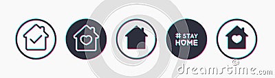 Social media modern glitch stylized interface icon set in support of staying at home. Vector Illustration