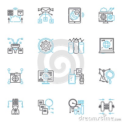 Social media monitoring linear icons set. Analytics, Branding, Connections, Crisis, Dashboard, Engagement, Feedback line Vector Illustration