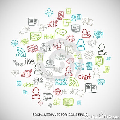 Social media Multicolor doodles Hand Drawn Social Network Icons set on White. EPS10 vector illustration. Vector Illustration