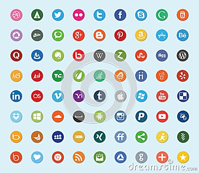 Social media and network color flat icons Cartoon Illustration