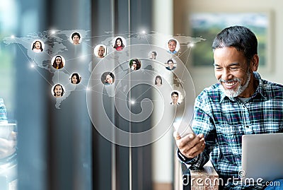 Social media network, Global network connection and people connecting all over the world map. Smiling happy mature man using Stock Photo